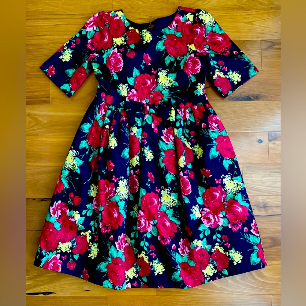 Janie and Jack Black Pink Floral Midi Dress, size 8US, Girls, Cotton